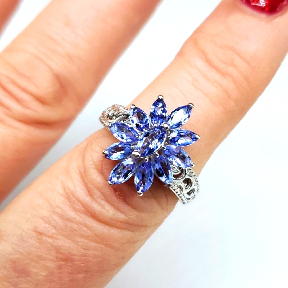 Tanzanite Floral Ring in Platinum over Sterling Silver 6 NWT